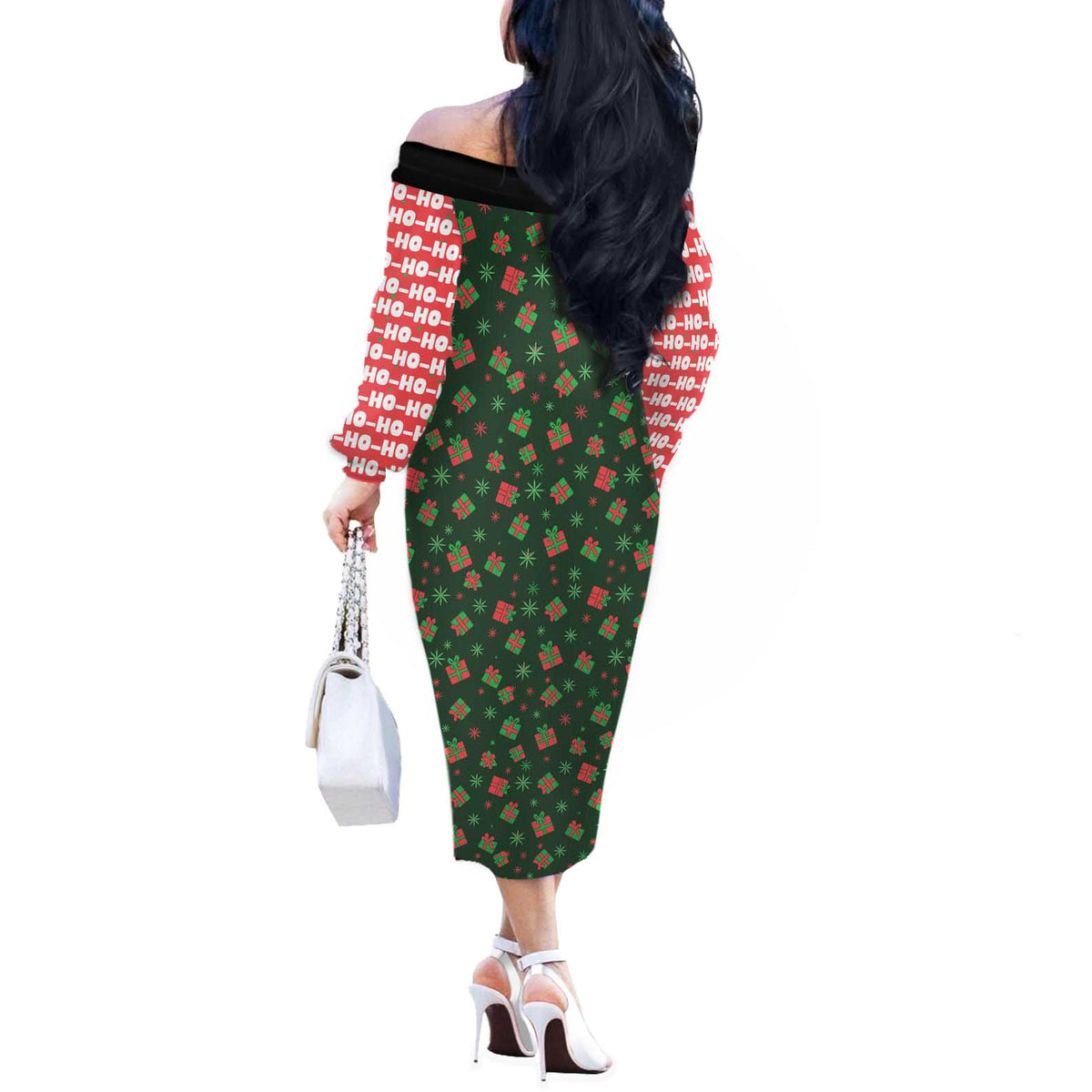 Go Jesus It's Your Birthday Christmas Off The Shoulder Long Sleeve Dress with Presents and Festive Pattern - Wonder Print Shop