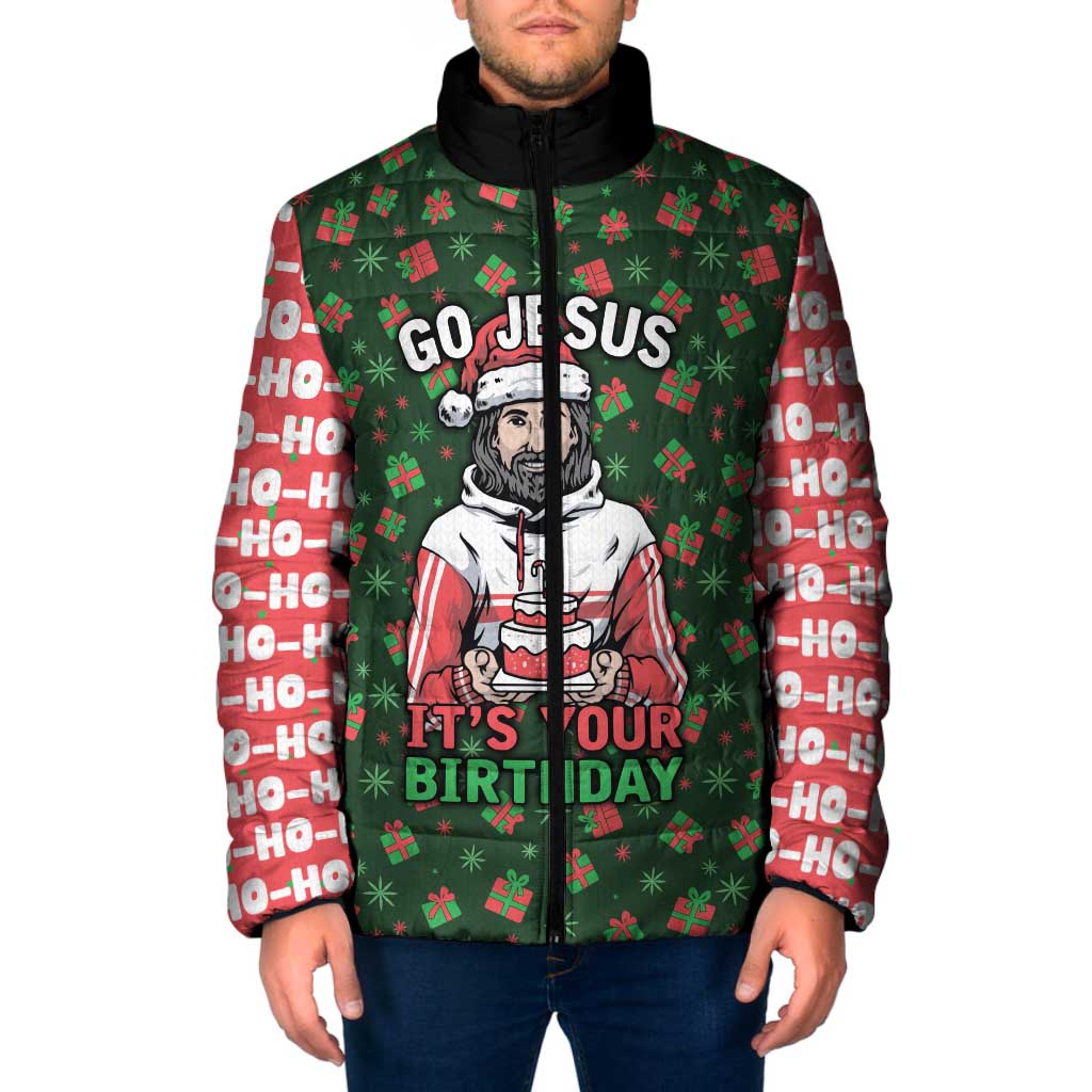 Go Jesus It's Your Birthday Christmas Padded Jacket with Presents and Festive Pattern - Wonder Print Shop