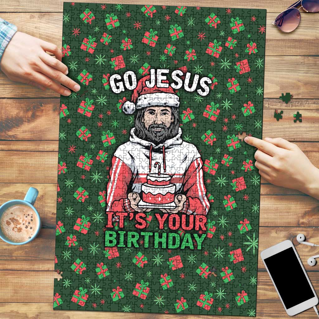 Go Jesus It's Your Birthday Christmas Puzzle with Presents and Festive Pattern - Wonder Print Shop