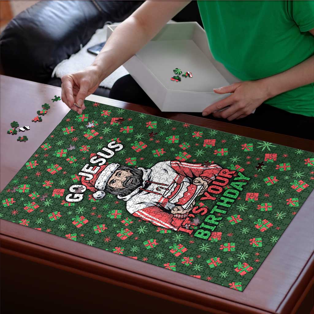 Go Jesus It's Your Birthday Christmas Puzzle with Presents and Festive Pattern - Wonder Print Shop