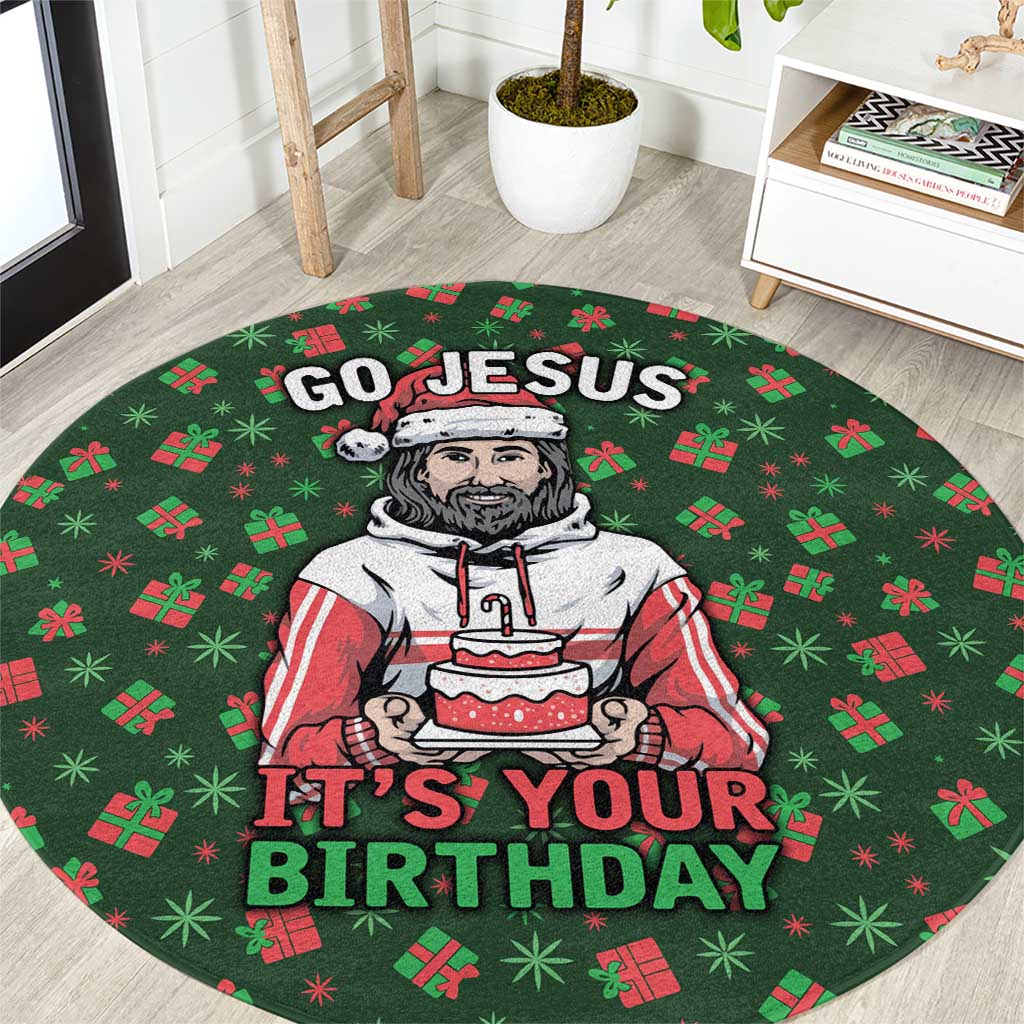 Go Jesus It's Your Birthday Christmas Round Carpet with Presents and Festive Pattern - Wonder Print Shop