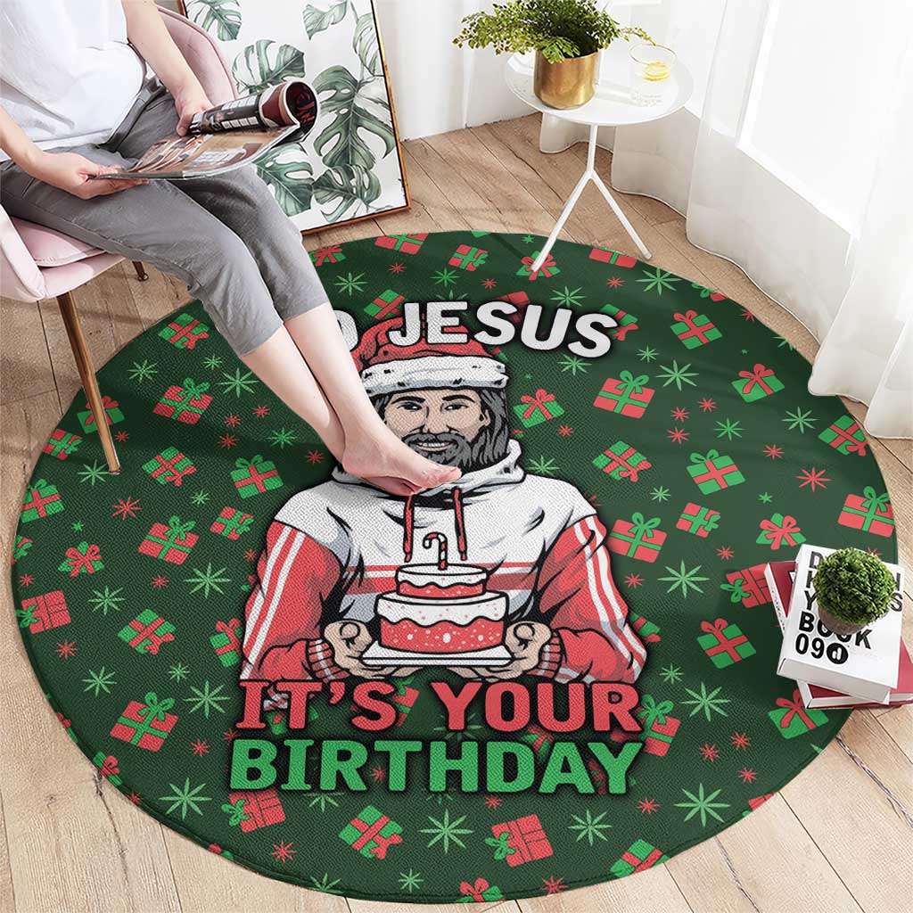 Go Jesus It's Your Birthday Christmas Round Carpet with Presents and Festive Pattern - Wonder Print Shop