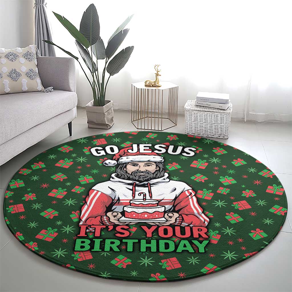 Go Jesus It's Your Birthday Christmas Round Carpet with Presents and Festive Pattern - Wonder Print Shop