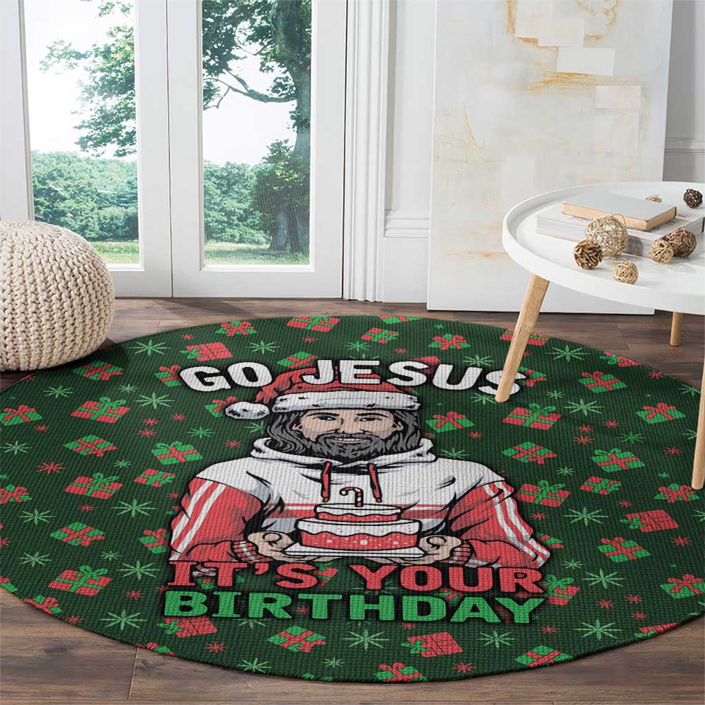 Go Jesus It's Your Birthday Christmas Round Carpet with Presents and Festive Pattern - Wonder Print Shop