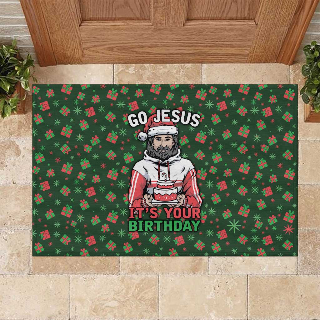 Go Jesus It's Your Birthday Christmas Rubber Doormat with Presents and Festive Pattern - Wonder Print Shop