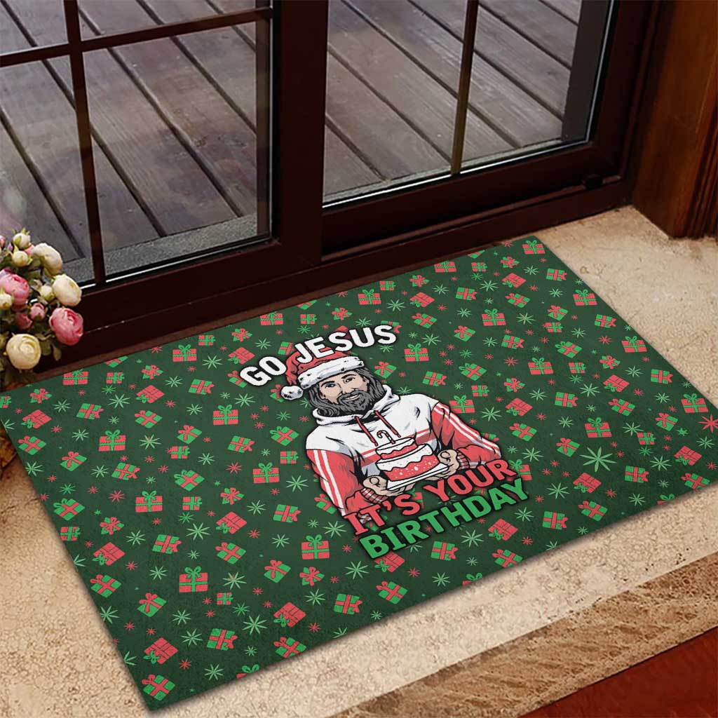 Go Jesus It's Your Birthday Christmas Rubber Doormat with Presents and Festive Pattern - Wonder Print Shop
