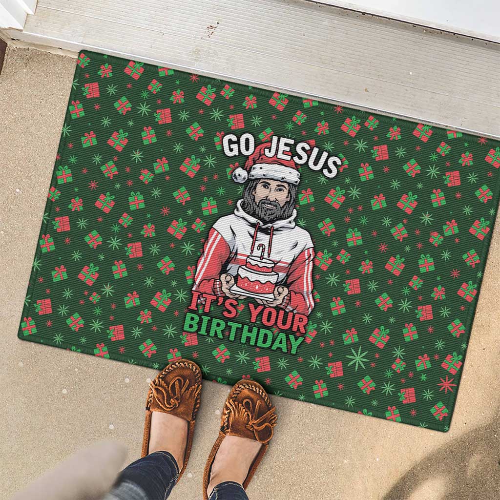Go Jesus It's Your Birthday Christmas Rubber Doormat with Presents and Festive Pattern - Wonder Print Shop