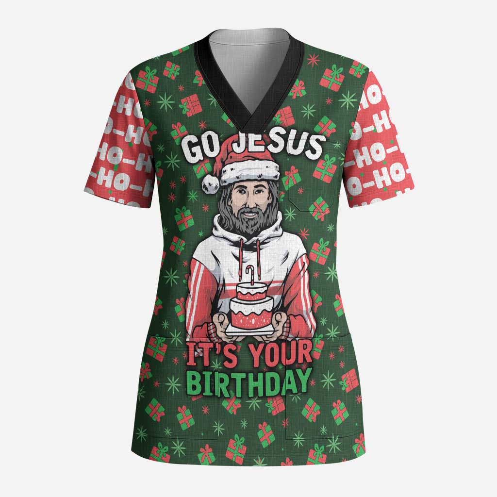 Go Jesus It's Your Birthday Christmas Scrub Top with Presents and Festive Pattern - Wonder Print Shop