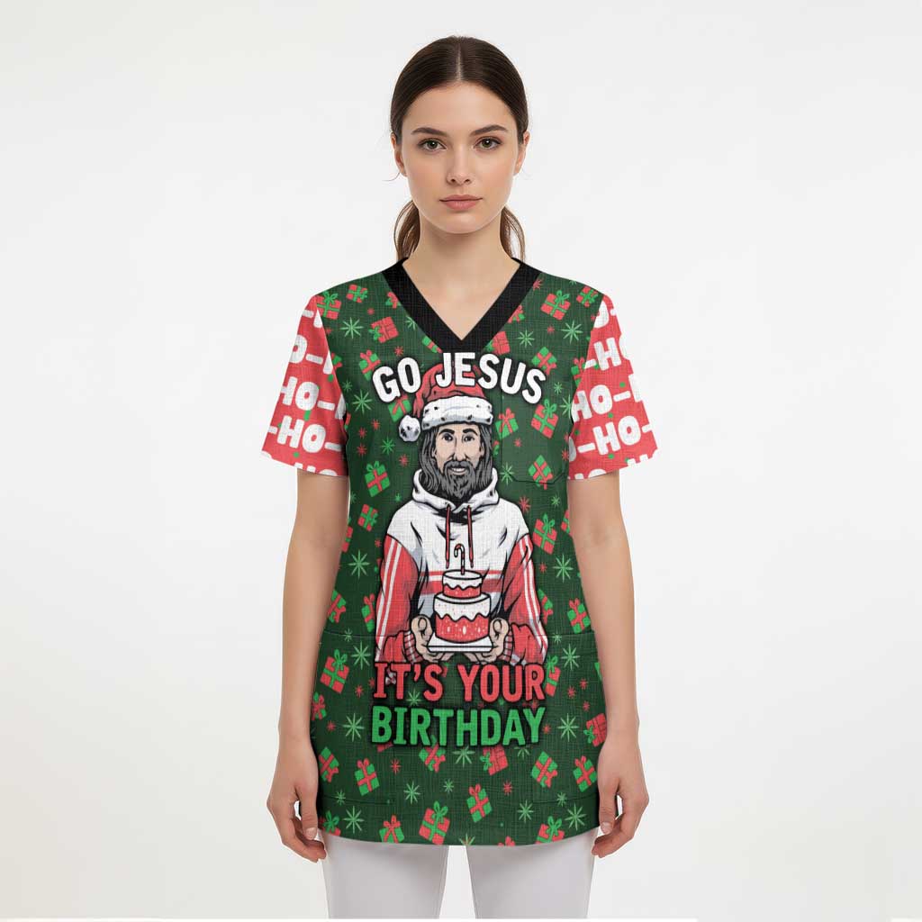 Go Jesus It's Your Birthday Christmas Scrub Top with Presents and Festive Pattern - Wonder Print Shop