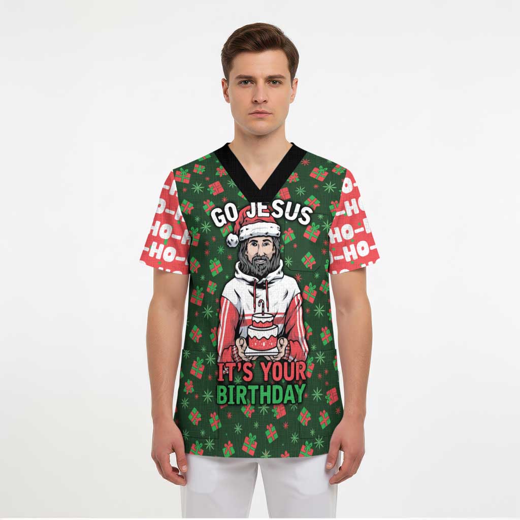 Go Jesus It's Your Birthday Christmas Scrub Top with Presents and Festive Pattern - Wonder Print Shop