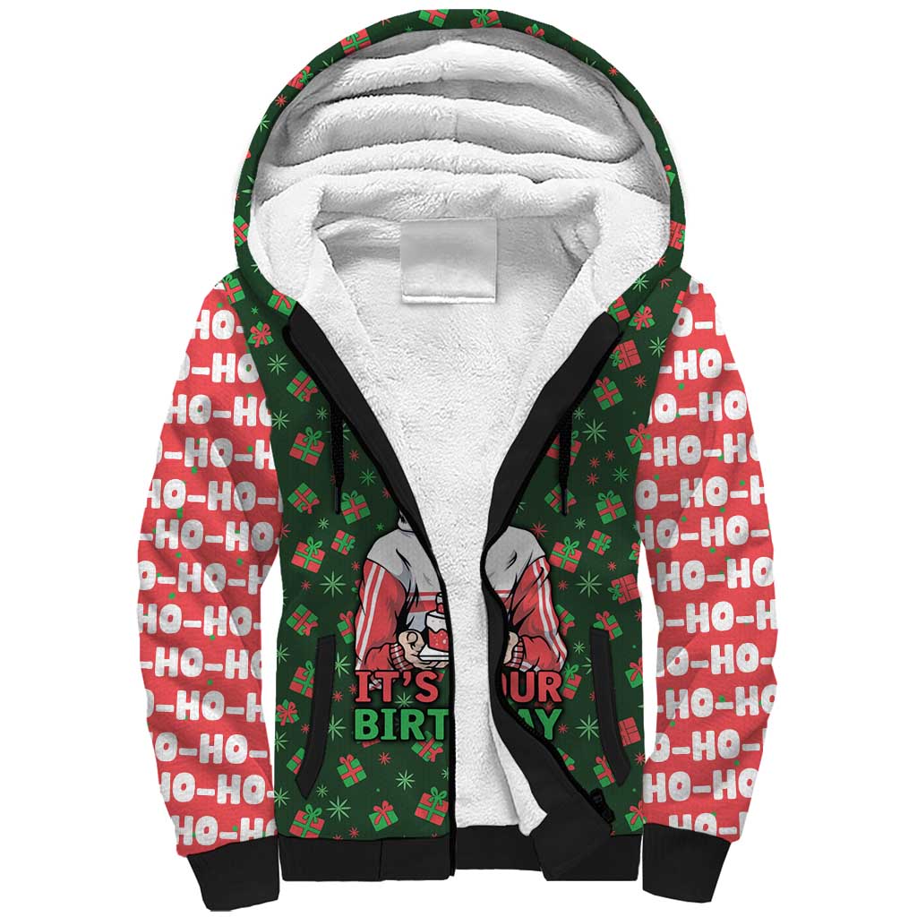 Go Jesus It's Your Birthday Christmas Sherpa Hoodie with Presents and Festive Pattern - Wonder Print Shop