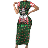 Go Jesus It's Your Birthday Christmas Short Sleeve Bodycon Dress with Presents and Festive Pattern - Wonder Print Shop