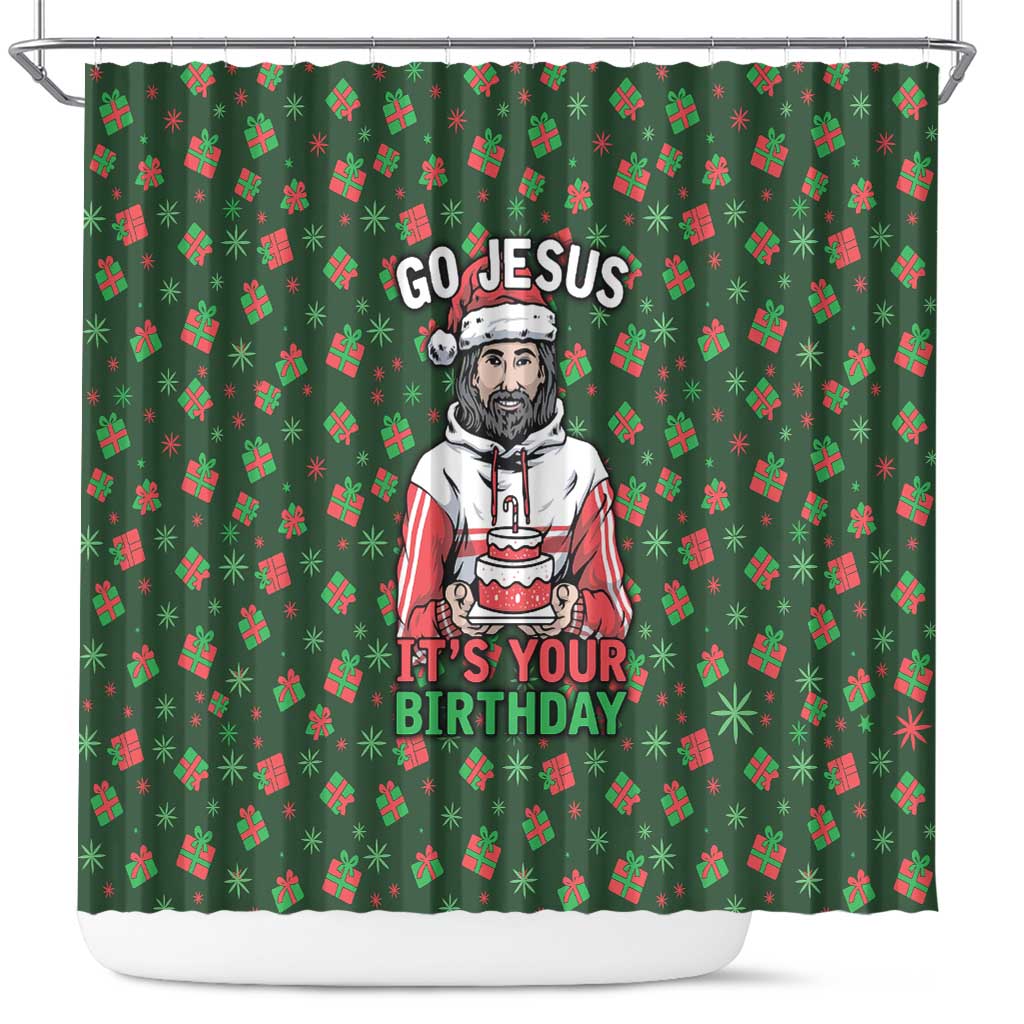 Go Jesus It's Your Birthday Christmas Shower Curtain with Presents and Festive Pattern - Wonder Print Shop