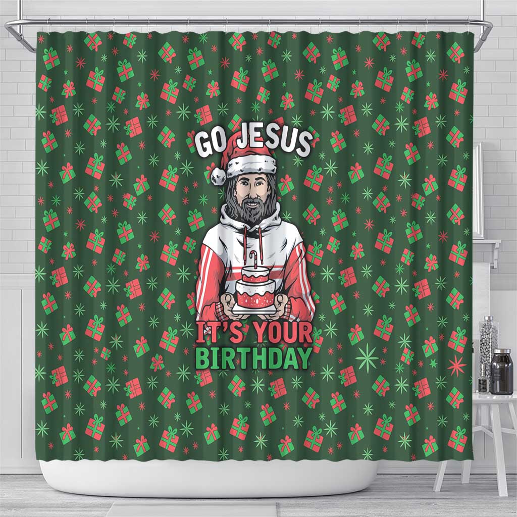 Go Jesus It's Your Birthday Christmas Shower Curtain with Presents and Festive Pattern - Wonder Print Shop