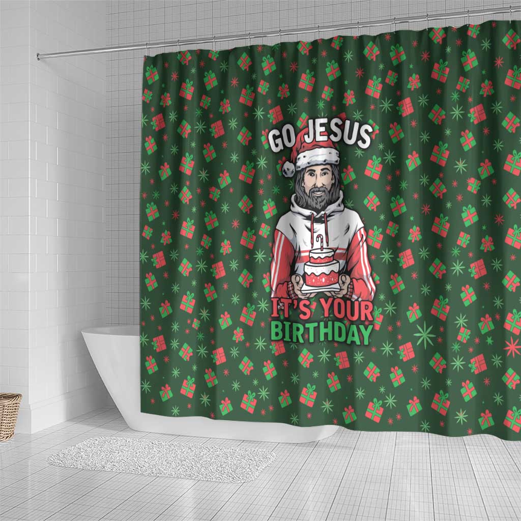 Go Jesus It's Your Birthday Christmas Shower Curtain with Presents and Festive Pattern - Wonder Print Shop