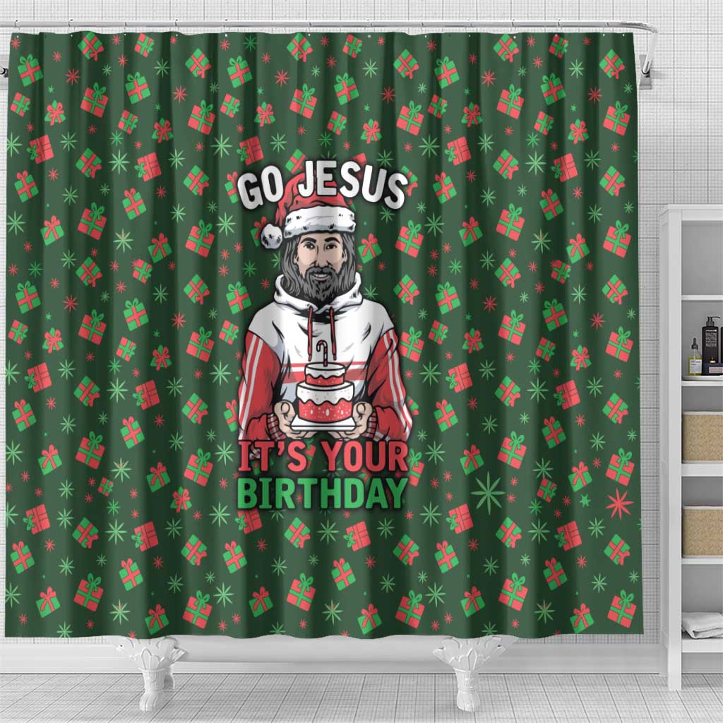 Go Jesus It's Your Birthday Christmas Shower Curtain with Presents and Festive Pattern - Wonder Print Shop