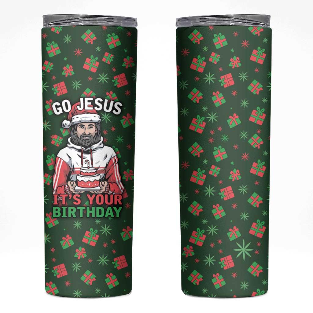 Go Jesus It's Your Birthday Christmas Skinny Tumbler with Presents and Festive Pattern - Wonder Print Shop