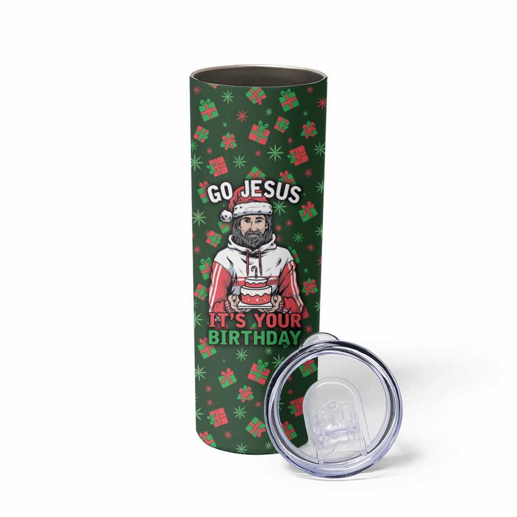 Go Jesus It's Your Birthday Christmas Skinny Tumbler with Presents and Festive Pattern - Wonder Print Shop