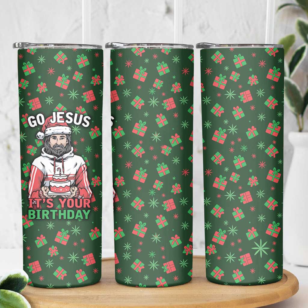Go Jesus It's Your Birthday Christmas Skinny Tumbler with Presents and Festive Pattern - Wonder Print Shop