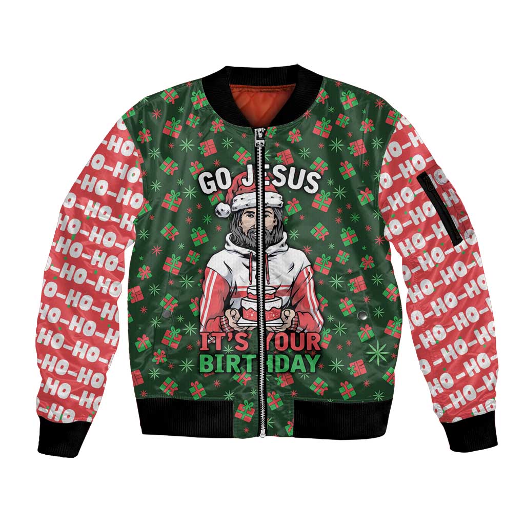 Go Jesus It's Your Birthday Christmas Sleeve Zip Bomber Jacket with Presents and Festive Pattern - Wonder Print Shop