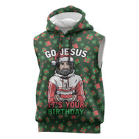 Go Jesus It's Your Birthday Christmas Sleeveless Hoodie with Presents and Festive Pattern - Wonder Print Shop