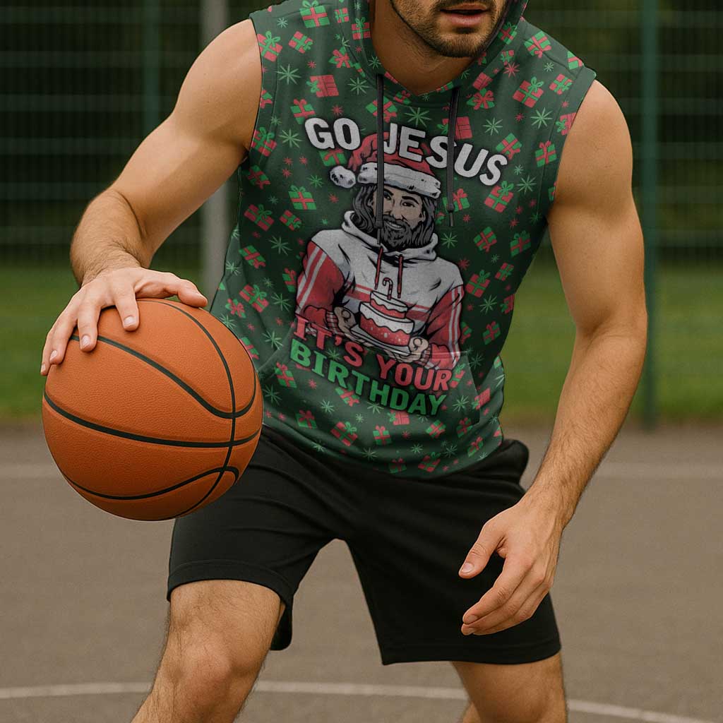 Go Jesus It's Your Birthday Christmas Sleeveless Hoodie with Presents and Festive Pattern - Wonder Print Shop