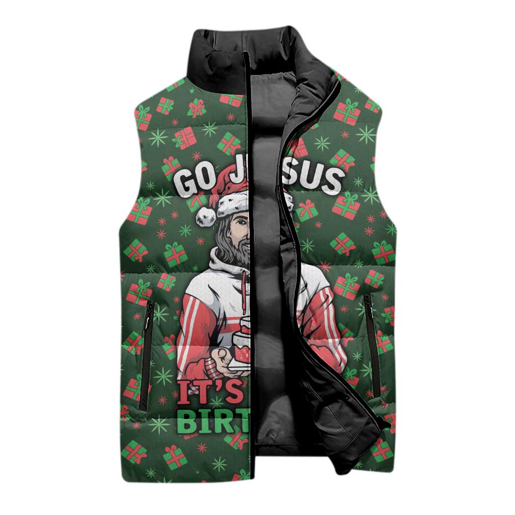 Go Jesus It's Your Birthday Christmas Sleeveless Puffer Jacket with Presents and Festive Pattern - Wonder Print Shop