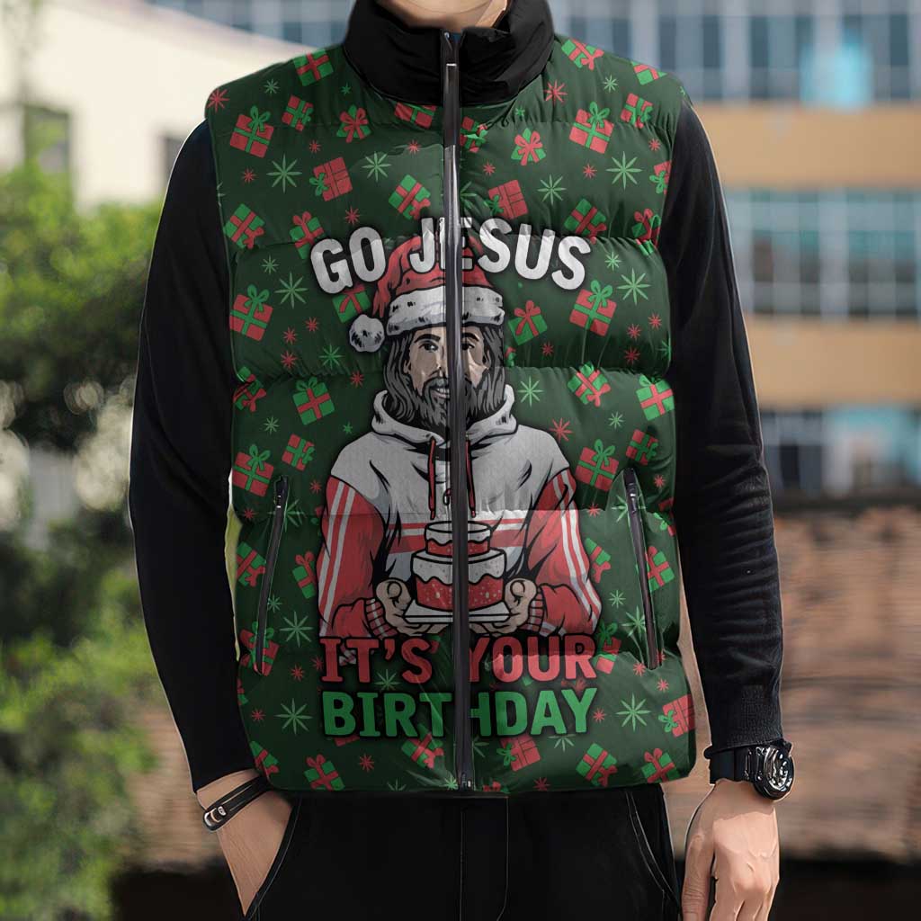 Go Jesus It's Your Birthday Christmas Sleeveless Puffer Jacket with Presents and Festive Pattern - Wonder Print Shop