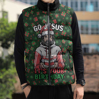 Go Jesus It's Your Birthday Christmas Sleeveless Puffer Jacket with Presents and Festive Pattern - Wonder Print Shop