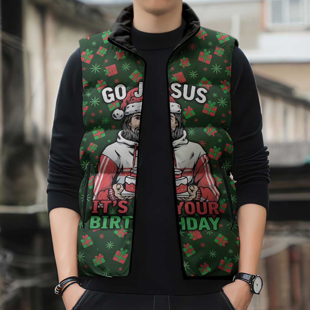 Go Jesus It's Your Birthday Christmas Sleeveless Puffer Jacket with Presents and Festive Pattern - Wonder Print Shop