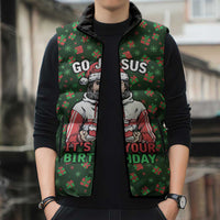 Go Jesus It's Your Birthday Christmas Sleeveless Puffer Jacket with Presents and Festive Pattern - Wonder Print Shop