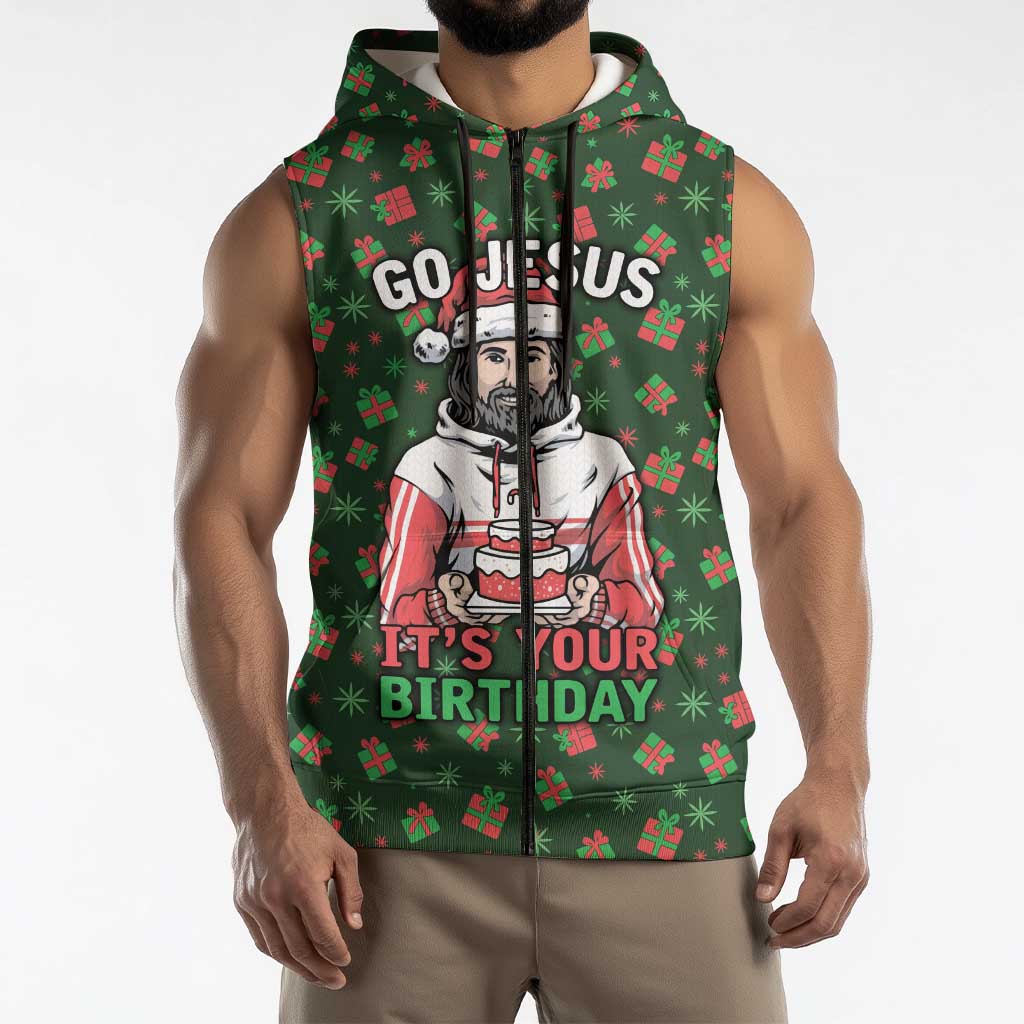 Go Jesus It's Your Birthday Christmas Sleeveless Zip Hoodie with Presents and Festive Pattern - Wonder Print Shop