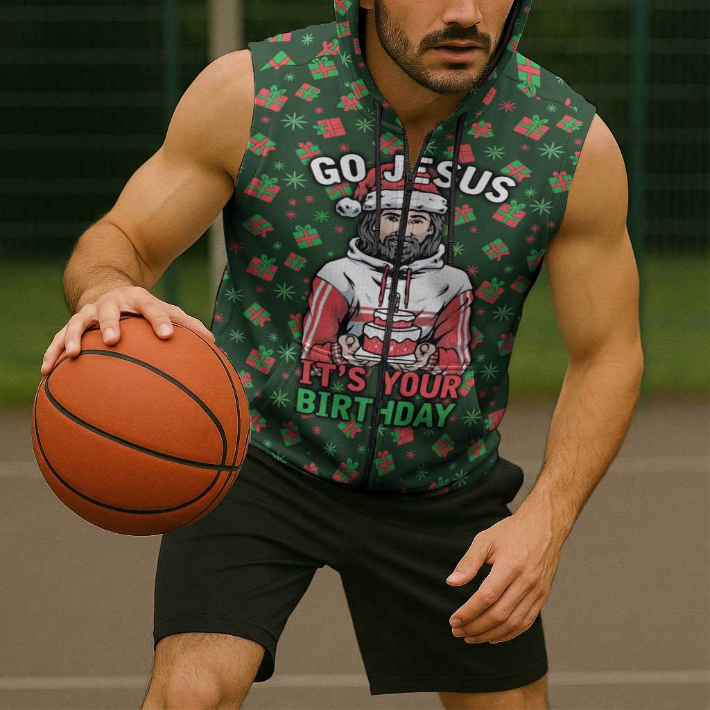 Go Jesus It's Your Birthday Christmas Sleeveless Zip Hoodie with Presents and Festive Pattern - Wonder Print Shop