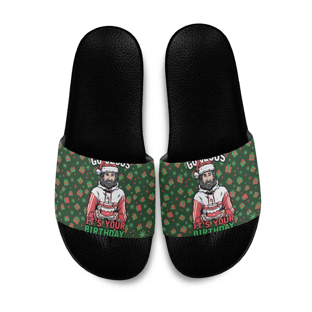 Go Jesus It's Your Birthday Christmas Slide Sandals with Presents and Festive Pattern - Wonder Print Shop