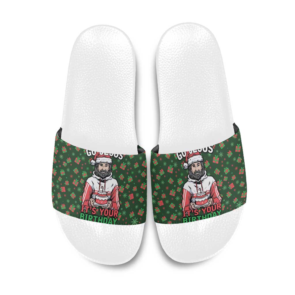 Go Jesus It's Your Birthday Christmas Slide Sandals with Presents and Festive Pattern - Wonder Print Shop