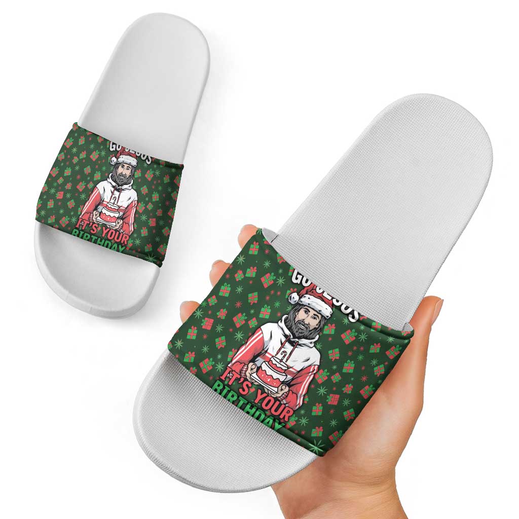 Go Jesus It's Your Birthday Christmas Slide Sandals with Presents and Festive Pattern - Wonder Print Shop