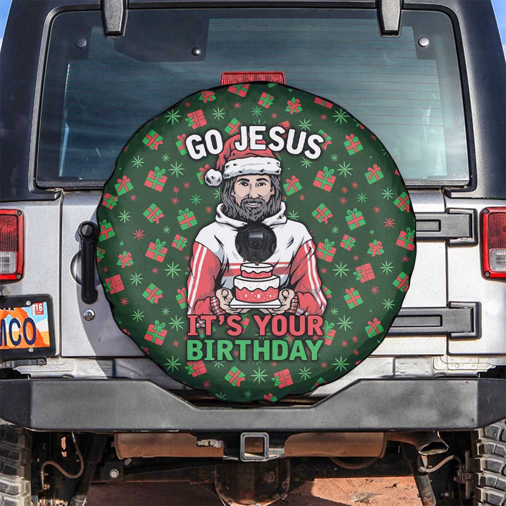 Go Jesus It's Your Birthday Christmas Spare Tire Cover with Presents and Festive Pattern - Wonder Print Shop