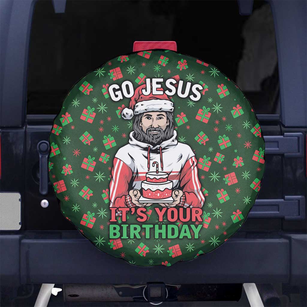 Go Jesus It's Your Birthday Christmas Spare Tire Cover with Presents and Festive Pattern - Wonder Print Shop