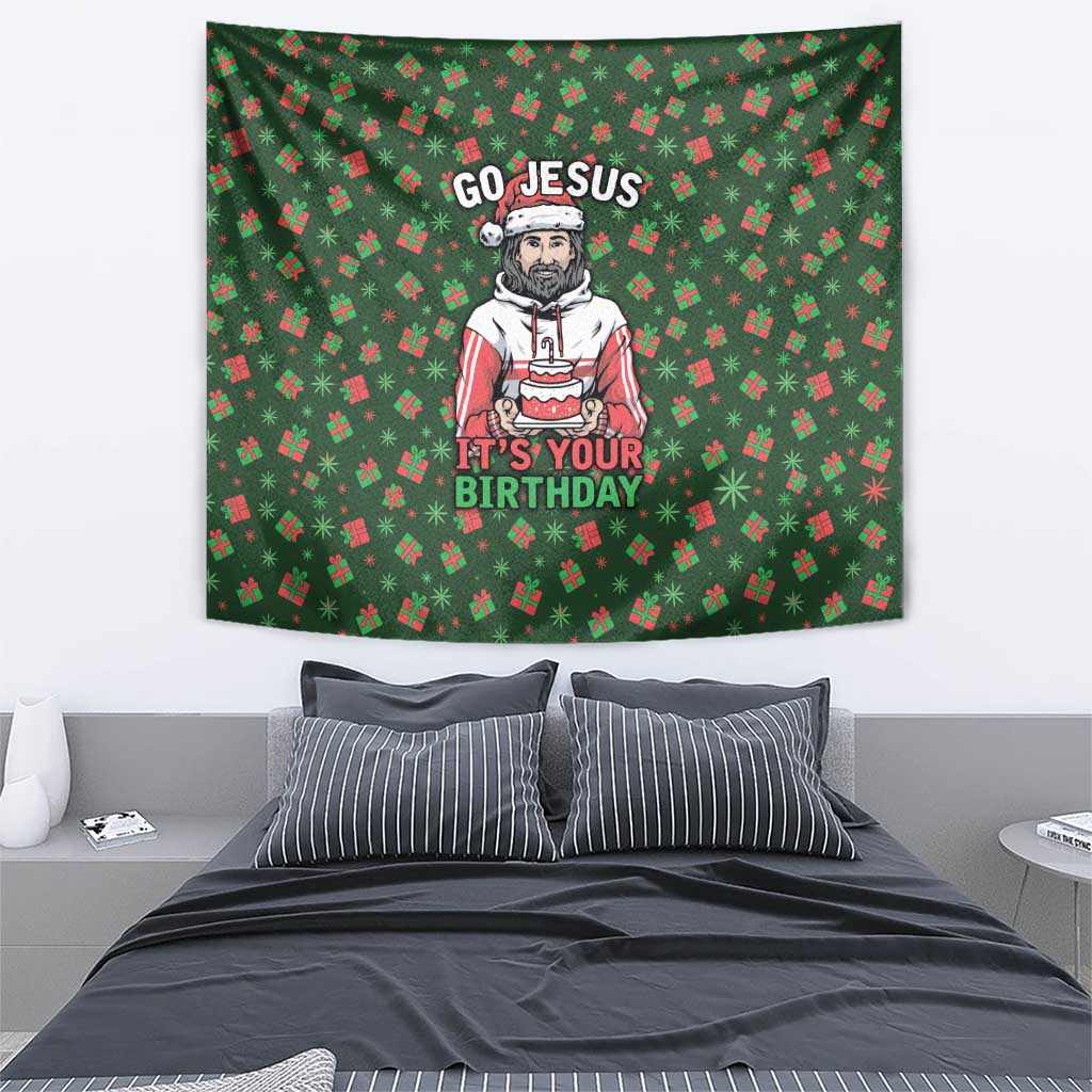 Go Jesus It's Your Birthday Christmas Tapestry with Presents and Festive Pattern - Wonder Print Shop