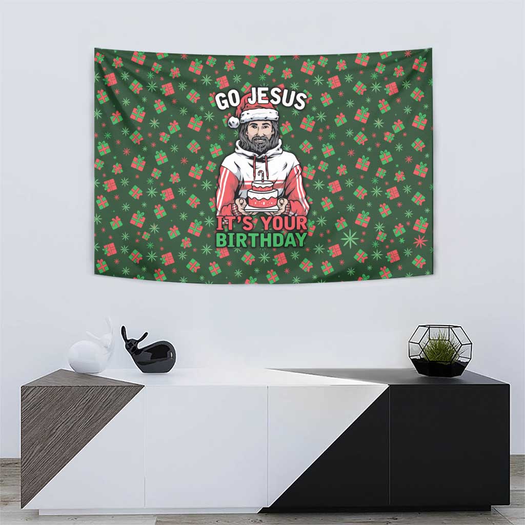 Go Jesus It's Your Birthday Christmas Tapestry with Presents and Festive Pattern - Wonder Print Shop