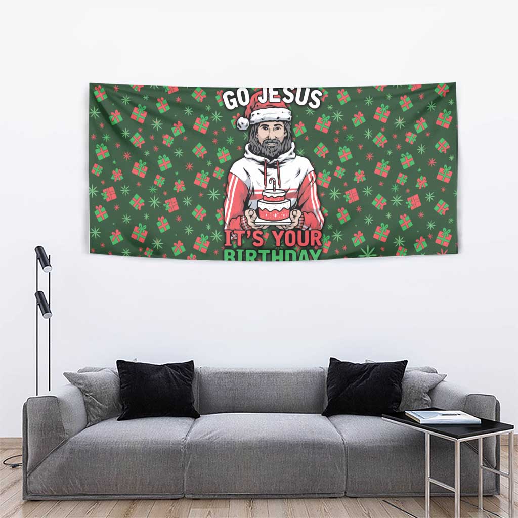 Go Jesus It's Your Birthday Christmas Tapestry with Presents and Festive Pattern - Wonder Print Shop