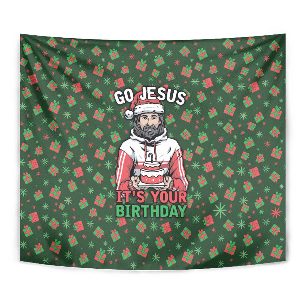 Go Jesus It's Your Birthday Christmas Tapestry with Presents and Festive Pattern - Wonder Print Shop