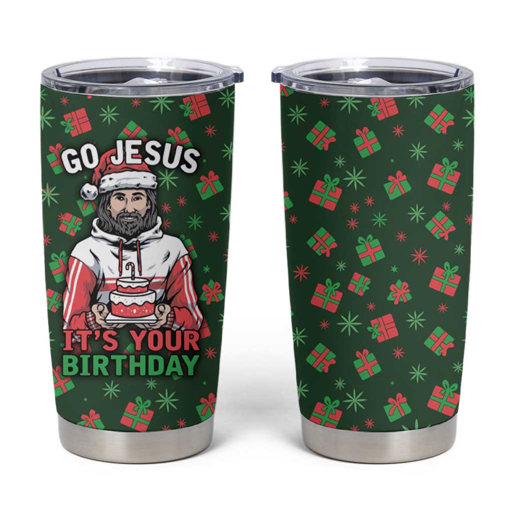 Go Jesus It's Your Birthday Christmas Tumbler Cup with Presents and Festive Pattern - Wonder Print Shop