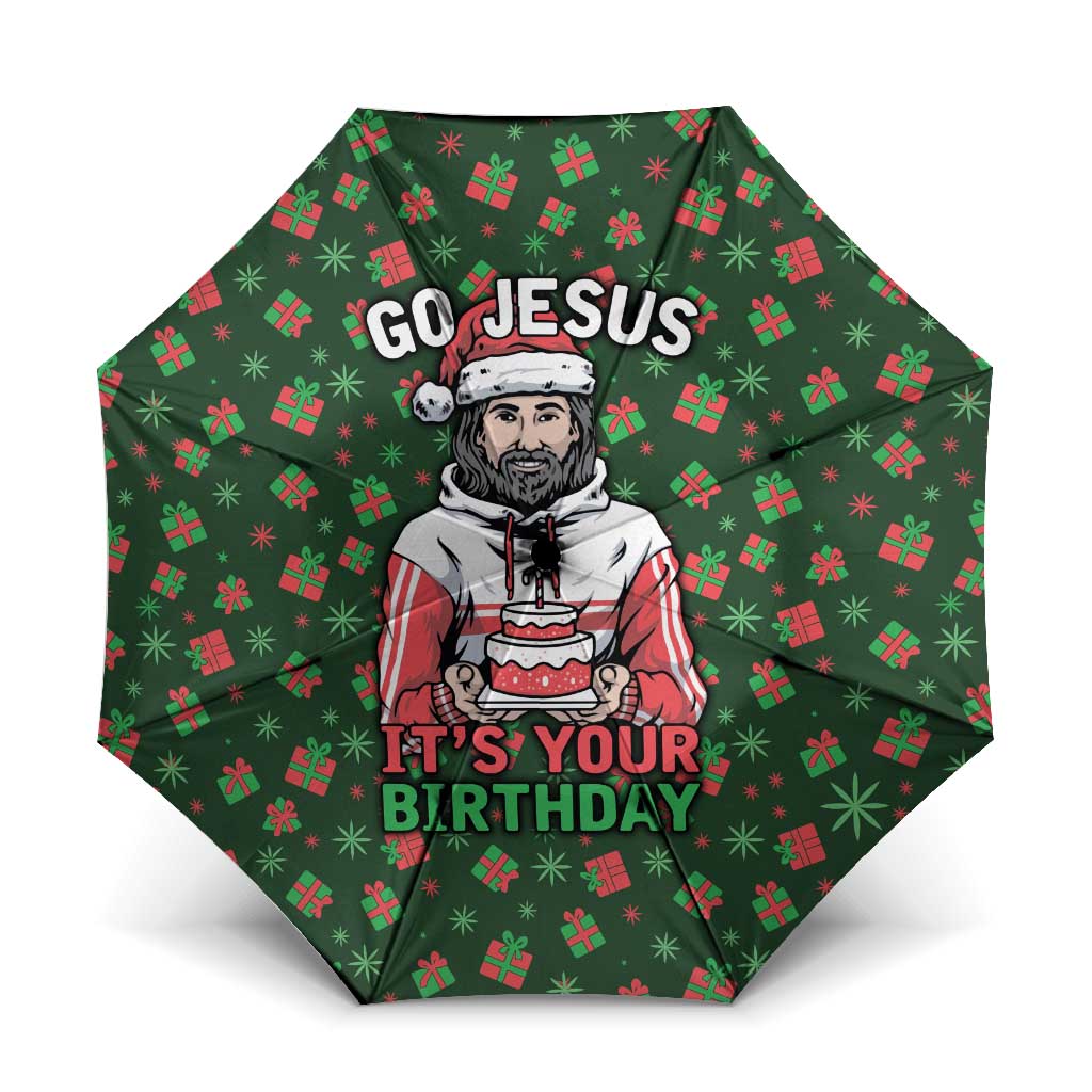 Go Jesus It's Your Birthday Christmas Umbrella with Presents and Festive Pattern - Wonder Print Shop