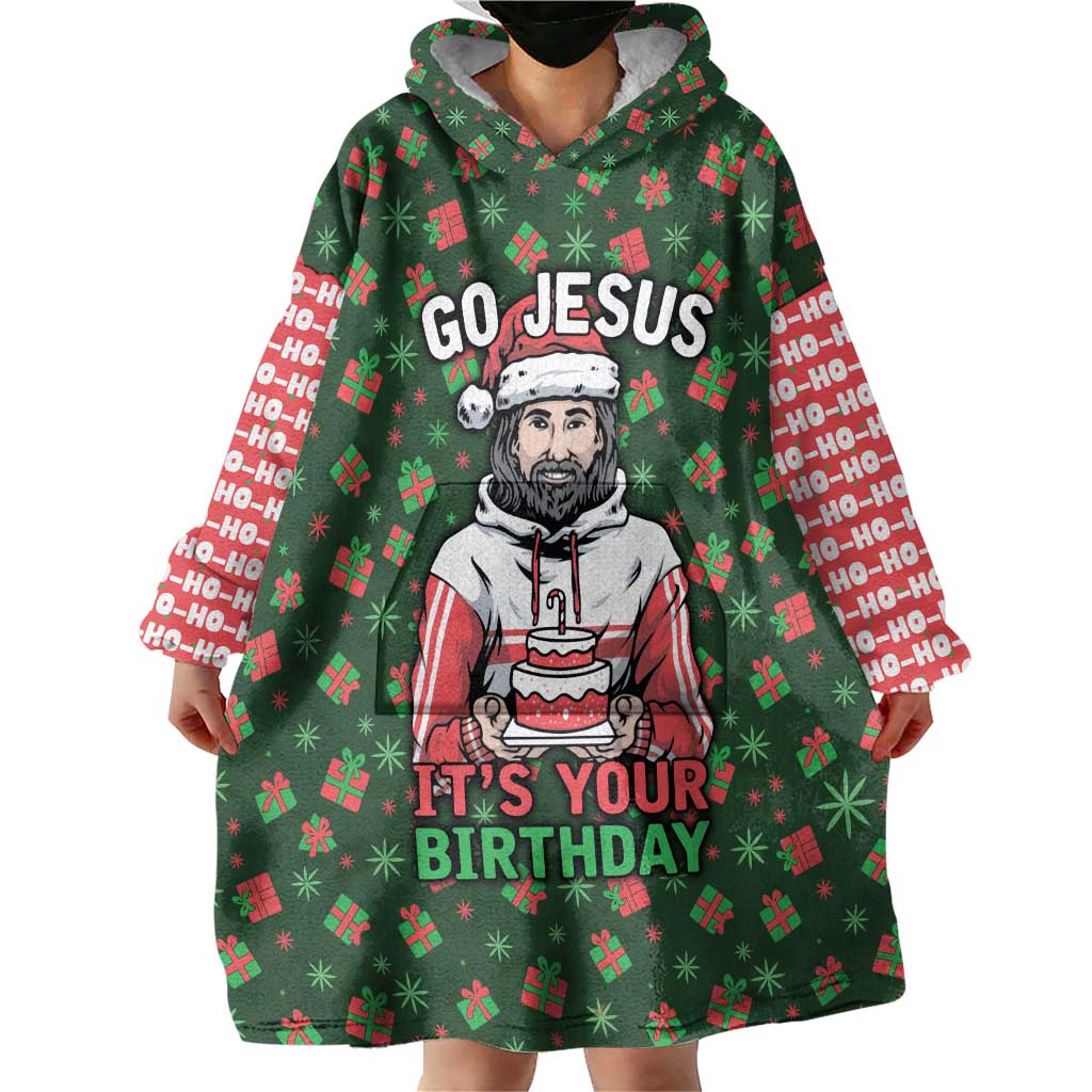 Go Jesus It's Your Birthday Christmas Wearable Blanket Hoodie with Presents and Festive Pattern - Wonder Print Shop