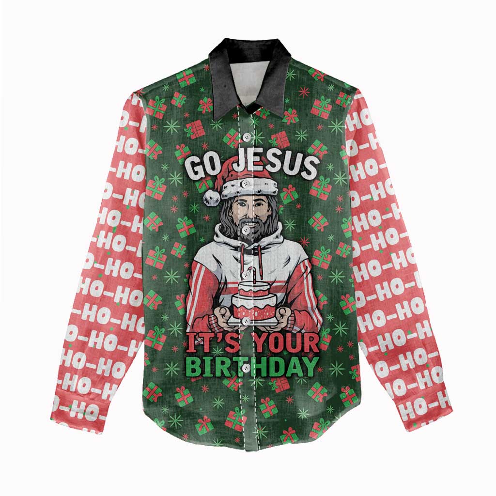 Go Jesus It's Your Birthday Christmas Women Casual Shirt with Presents and Festive Pattern - Wonder Print Shop