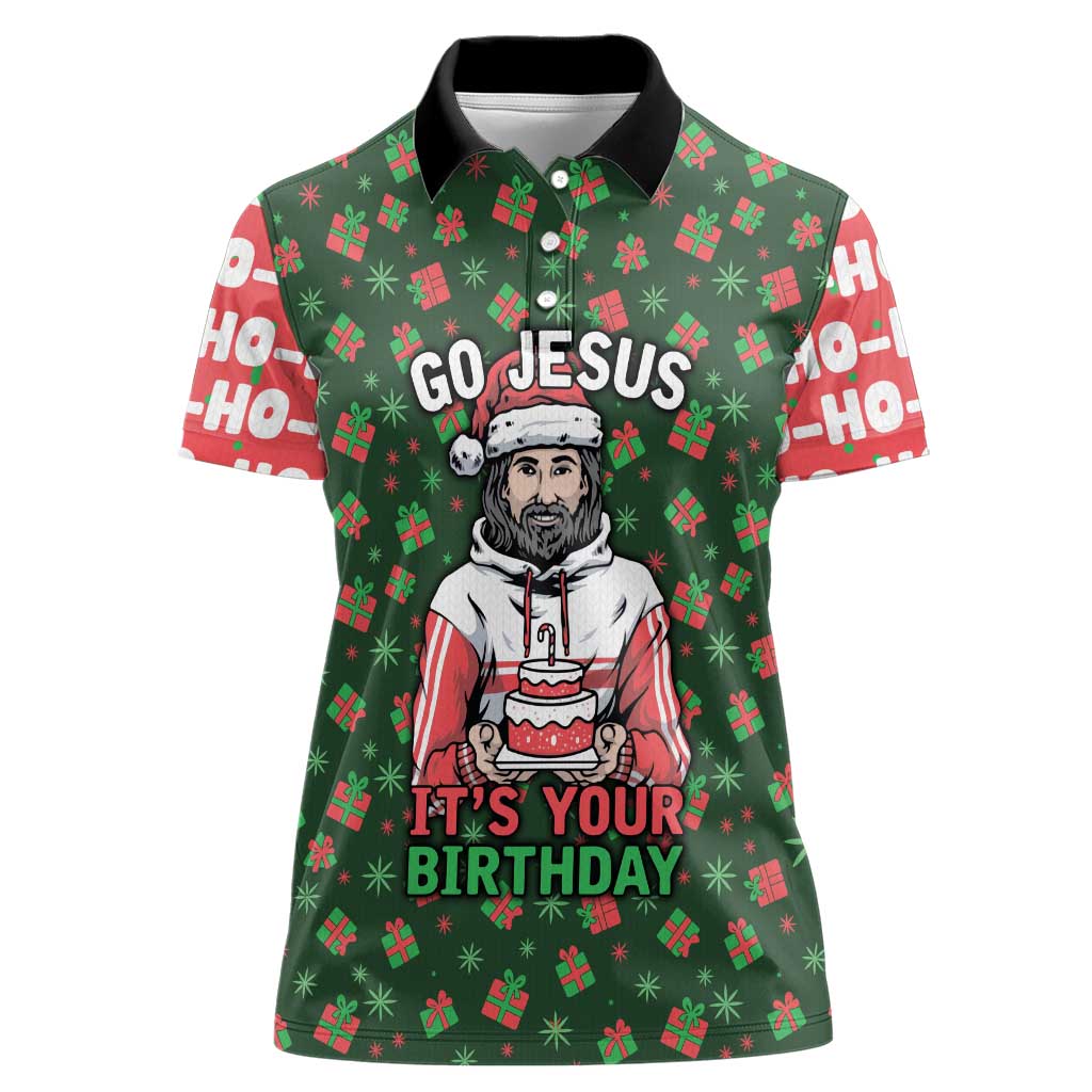 Go Jesus It's Your Birthday Christmas Women Polo Shirt with Presents and Festive Pattern - Wonder Print Shop