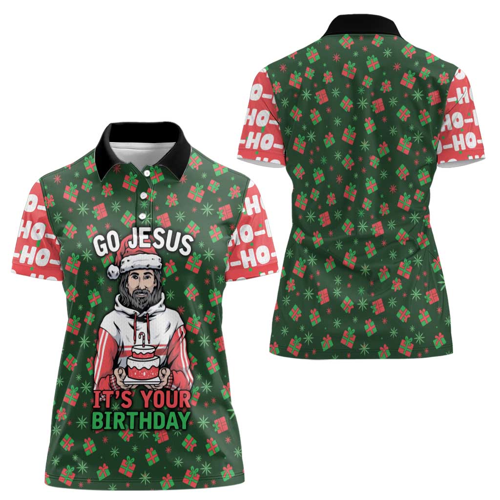 Go Jesus It's Your Birthday Christmas Women Polo Shirt with Presents and Festive Pattern - Wonder Print Shop