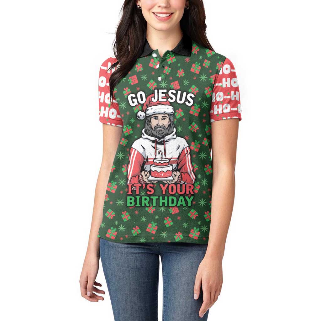 Go Jesus It's Your Birthday Christmas Women Polo Shirt with Presents and Festive Pattern - Wonder Print Shop