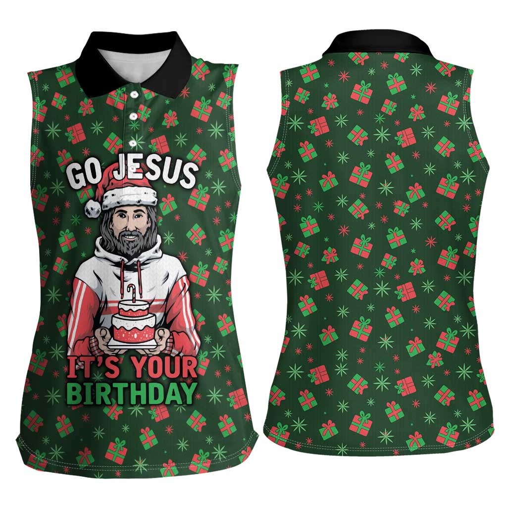 Go Jesus It's Your Birthday Christmas Women Sleeveless Polo Shirt with Presents and Festive Pattern - Wonder Print Shop